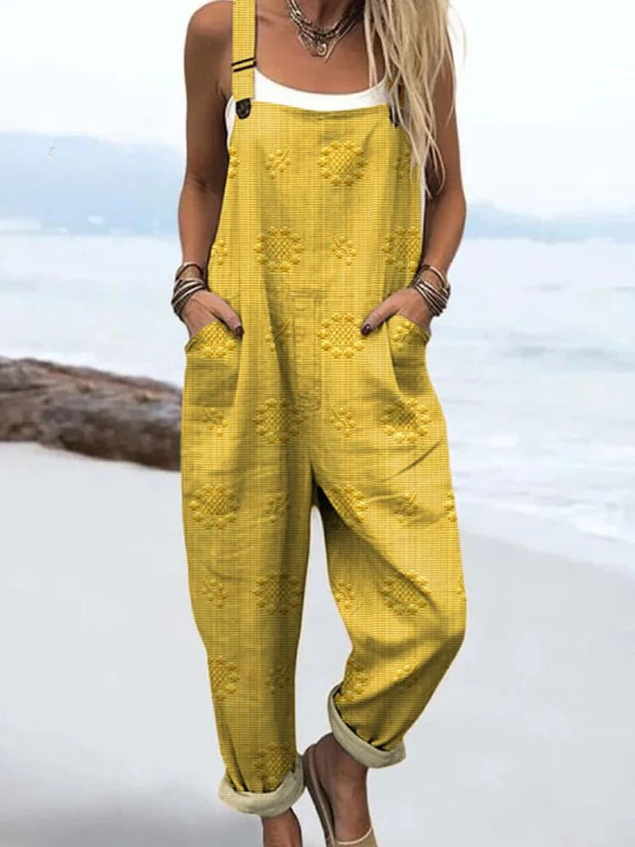 Jumpsuit | Printed Denim-Look Overalls with Wide Leg & Pockets