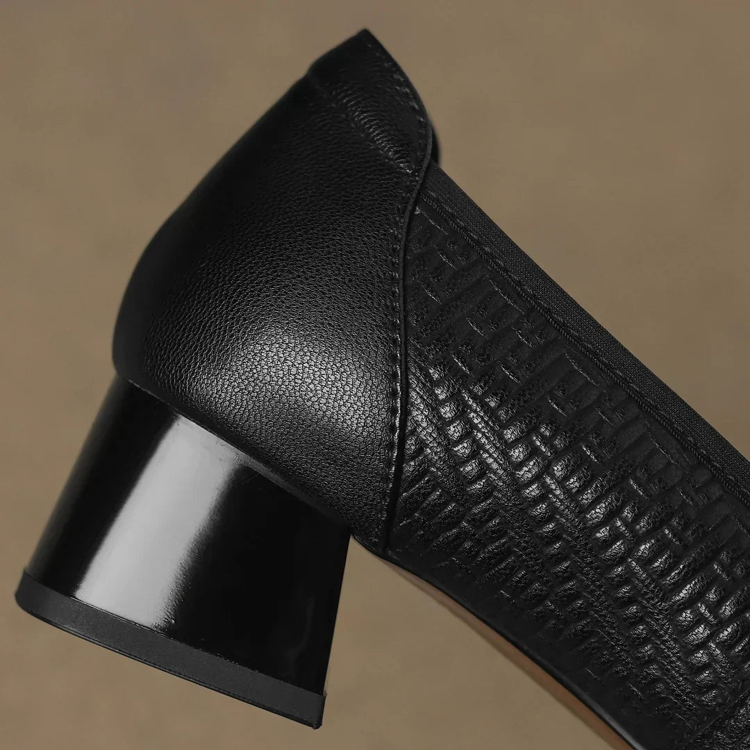 Women's Block Heel Shoes | Gold Buckle & Square Toe