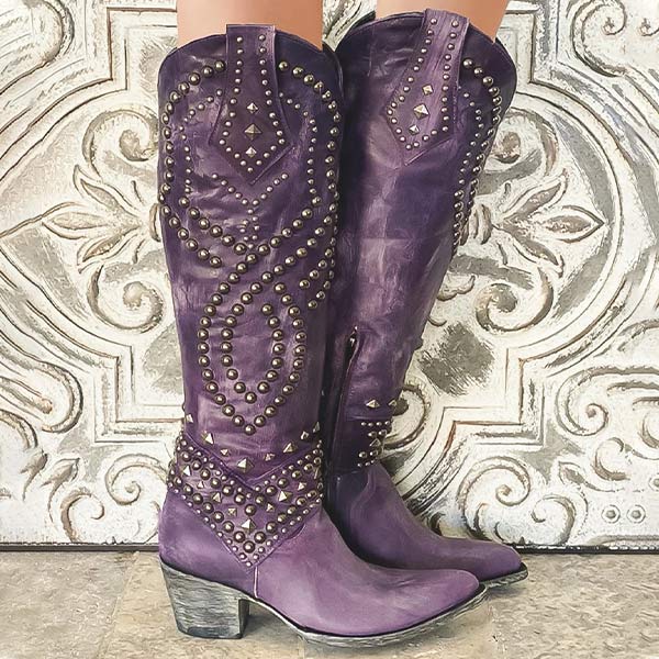 Stylish Women's Studded Cowboy Boots with Chunky Heel