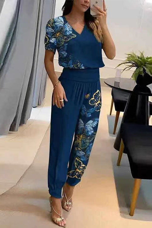Women's Co-Ord Set | V-Neck Top & Cuffed Jogger Trousers