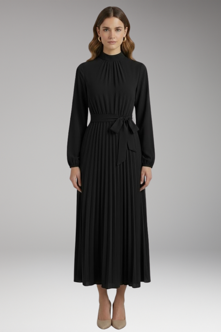 Women's Solid-Colored Dress with Stand-Up Collar and Pleated Belt 9