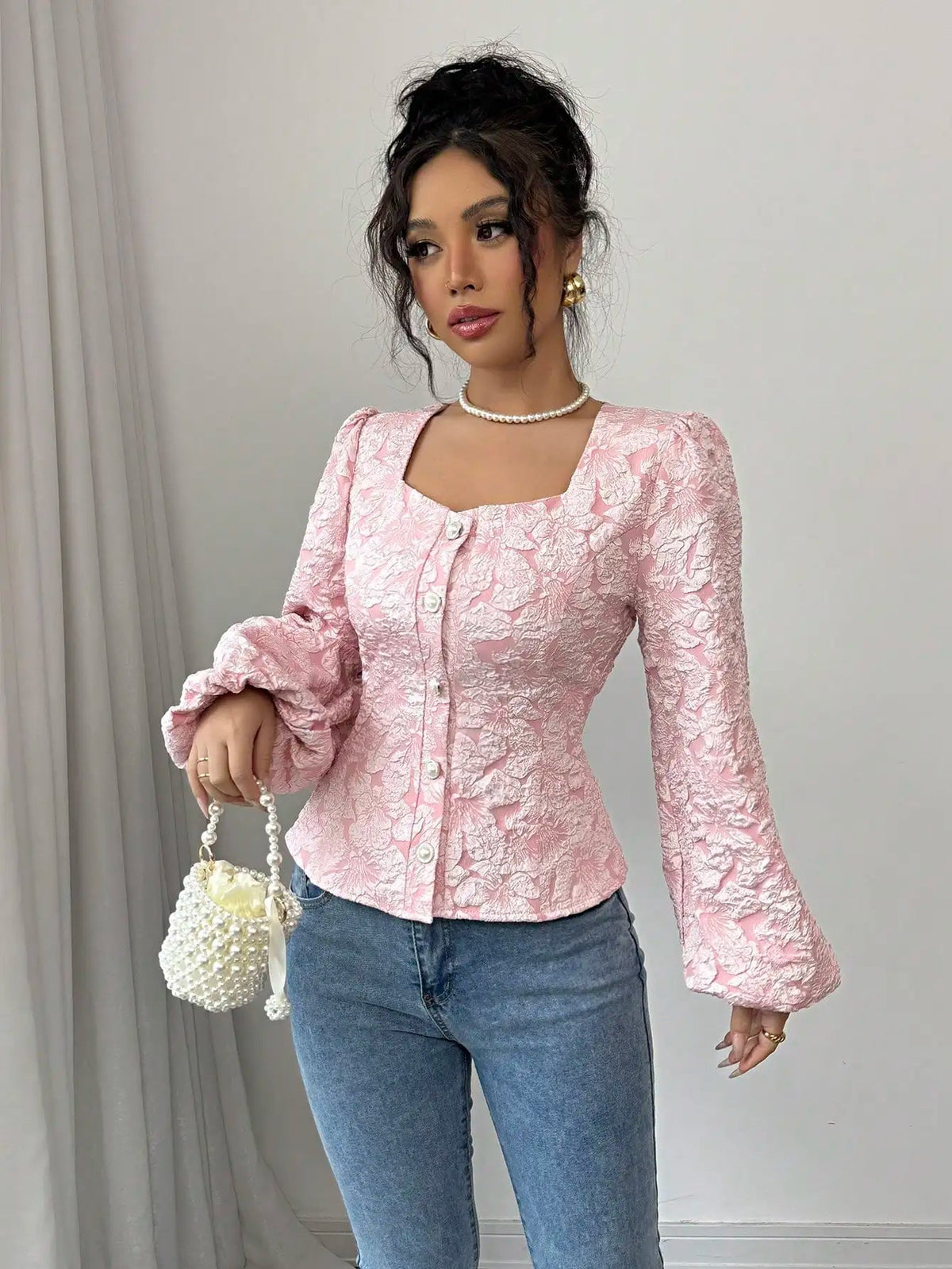Women's Blouse | Jacquard Square Neck & Puff Sleeve Design