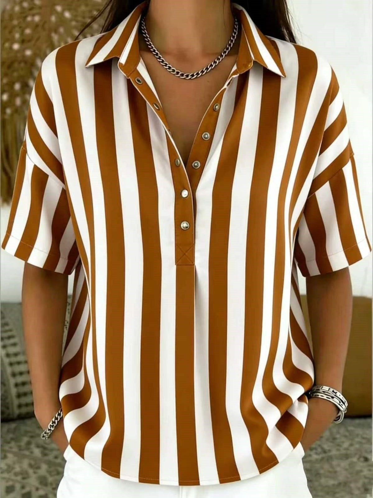 Women's Blouse | Striped Collar with Half Placket and Dropped Sleeves