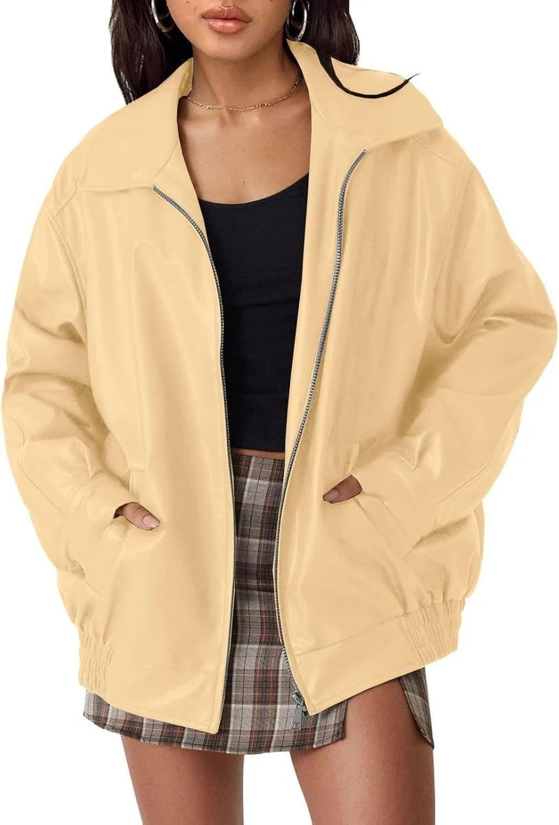 Women's Bomber Jacket | Wide Lapel Collar, Elasticated Hem