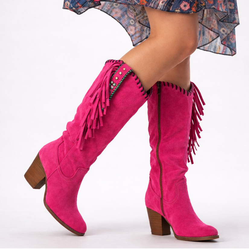 Women's Boots | Knee High Fringe Panel, Stacked Block Heel