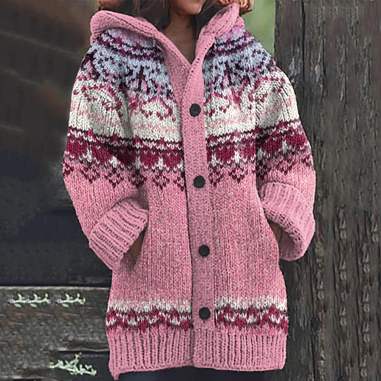 Women's Hooded Knit Cardigan | Button Front & Fair Isle Pattern