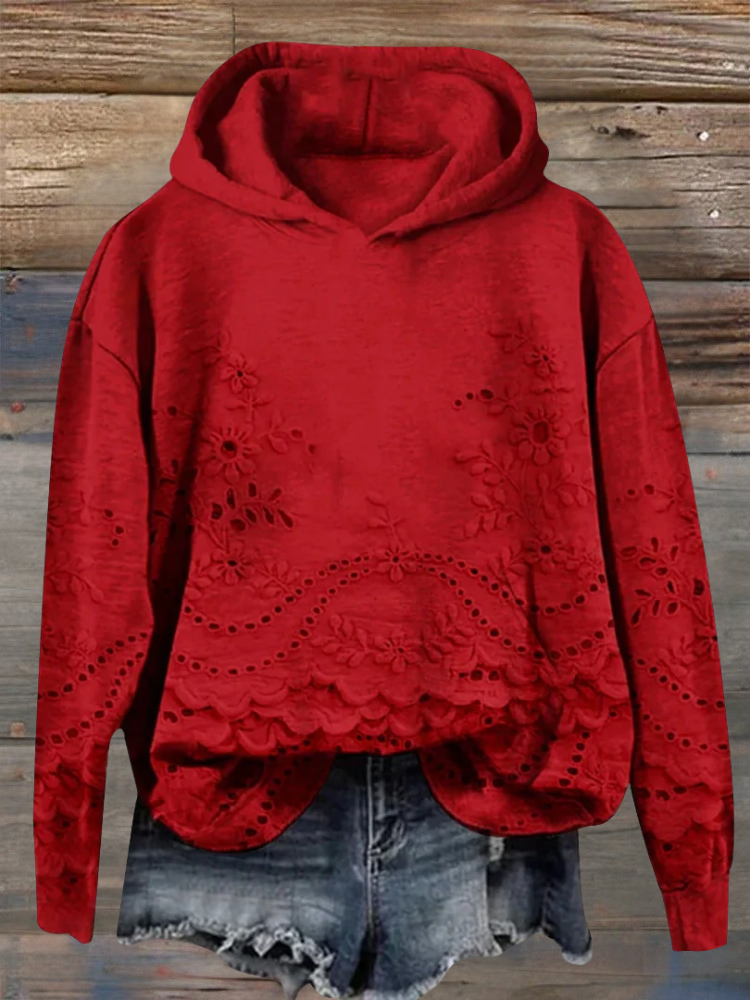 Women's Hoodie | Floral Embroidery, Scalloped Hem
