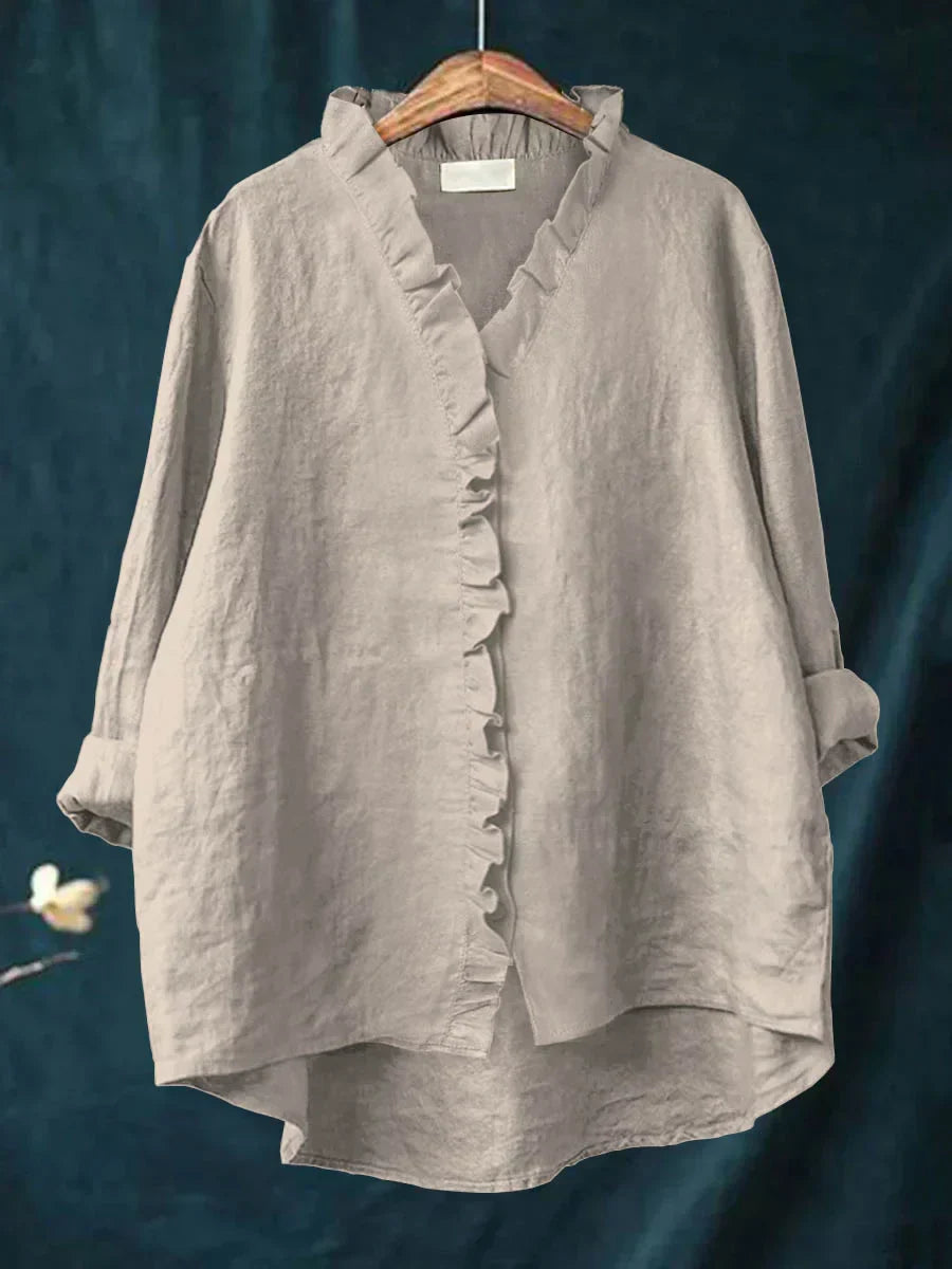 Women's Long Sleeve Blouse | Ruffle Placket, Dipped Hem