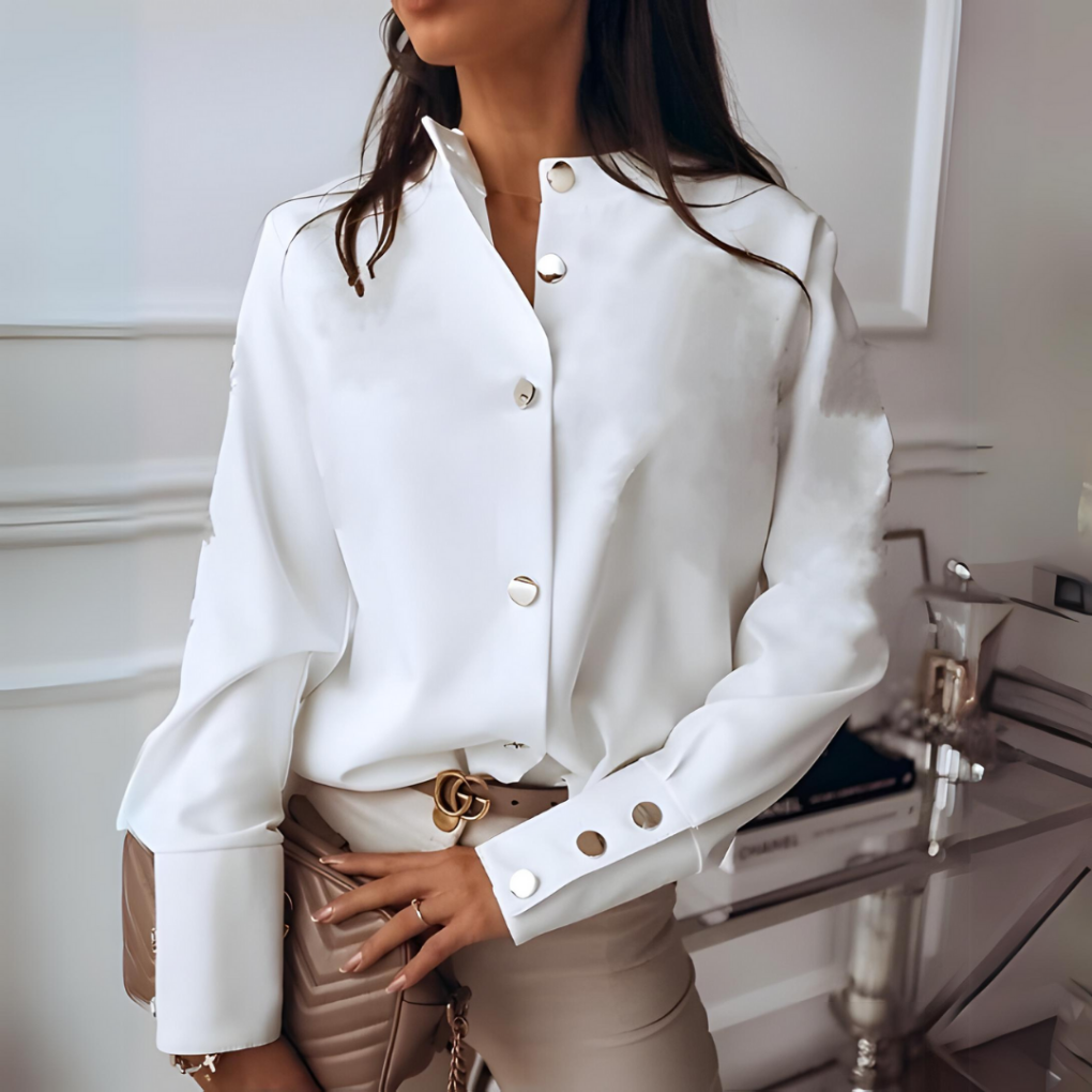 Women's Long Sleeve Blouse | Stand Collar, Metal Buttons