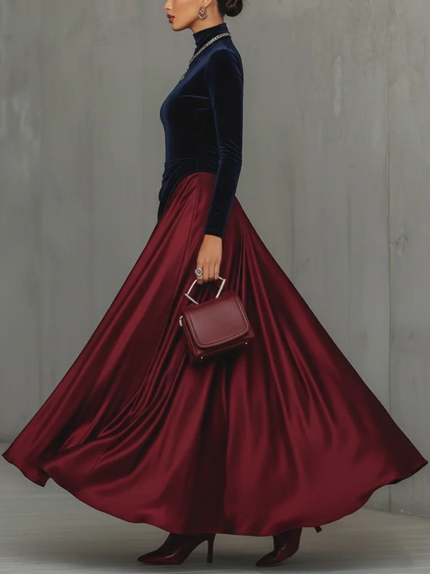 Women's Long Sleeve Dress | Mock Neck, Contrast Skirt