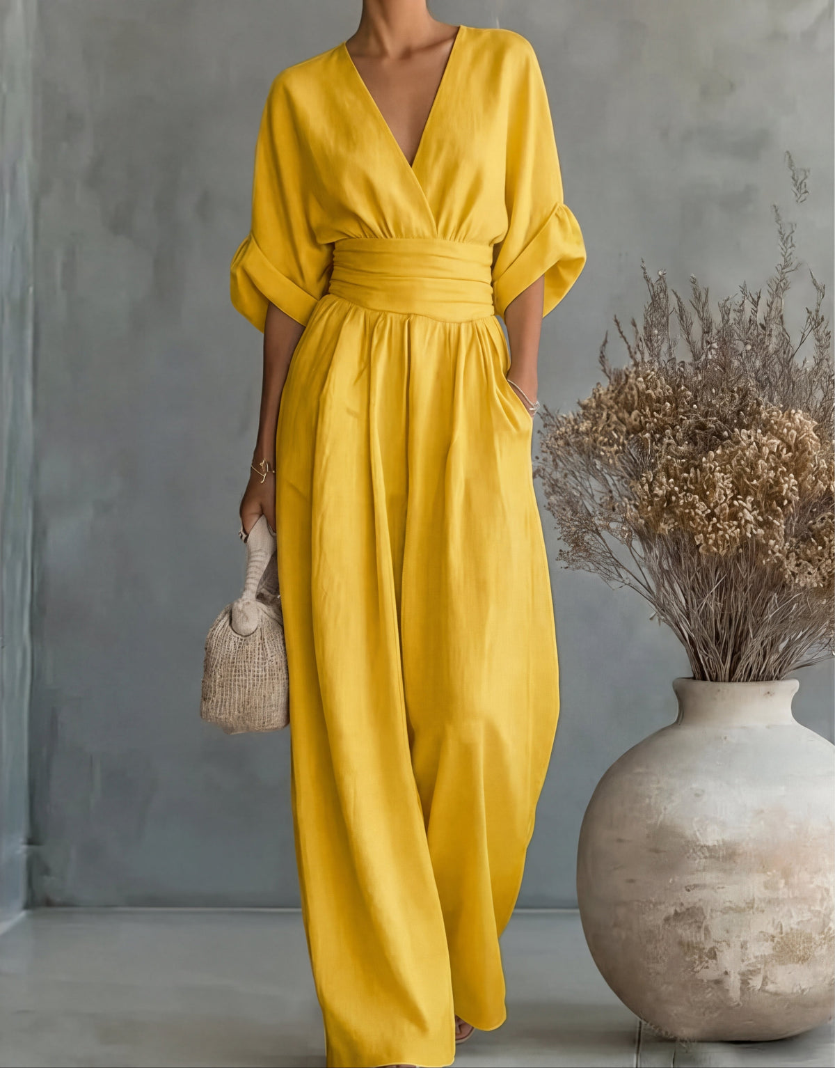 Women's Long Sleeve Jumpsuit | Wrap V Neck, Wide Leg