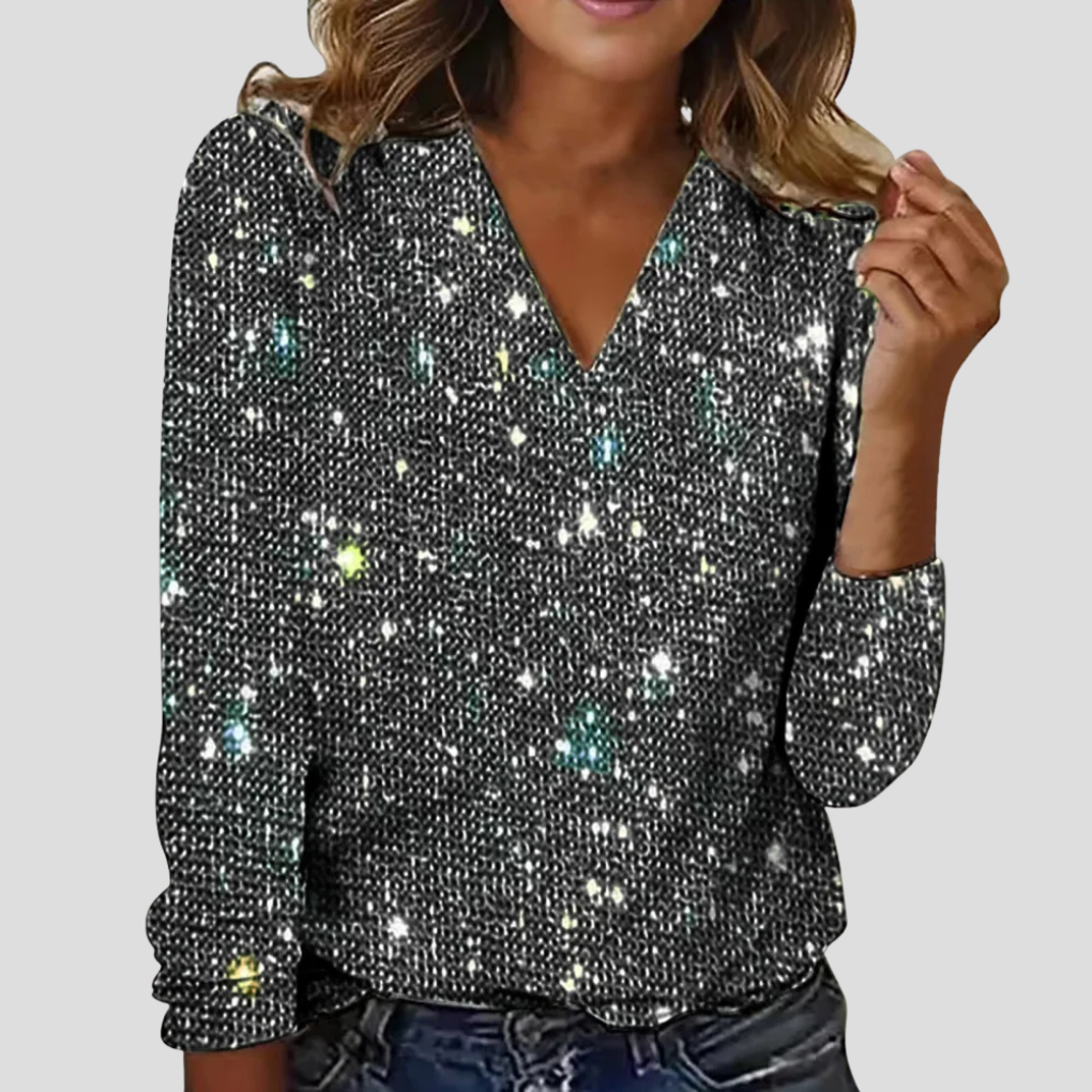Women's Long Sleeve Top | Deep V Neck, All-Over Sparkle