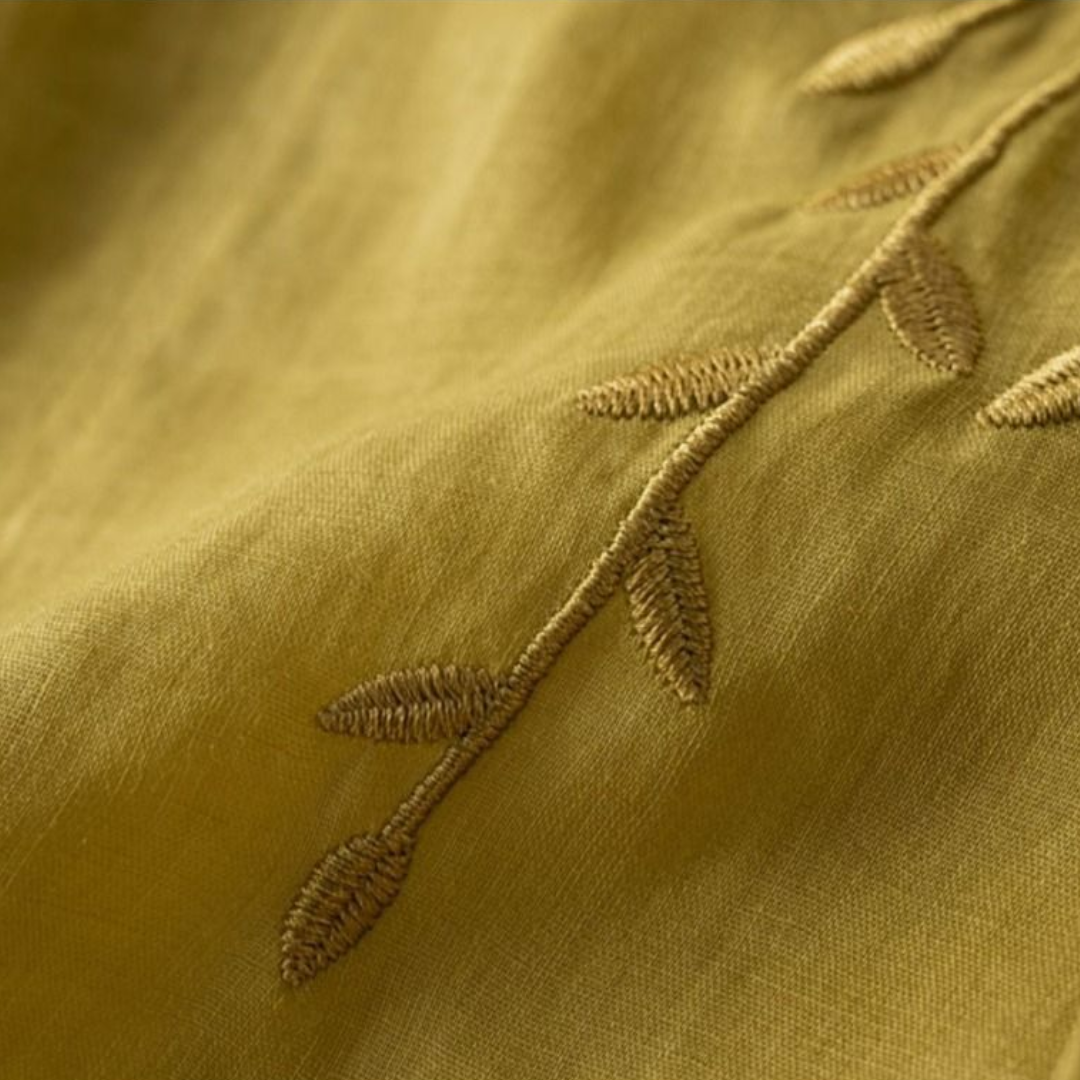 Women's Long Sleeve Top | V Neck, Embroidered Leaf Sprigs