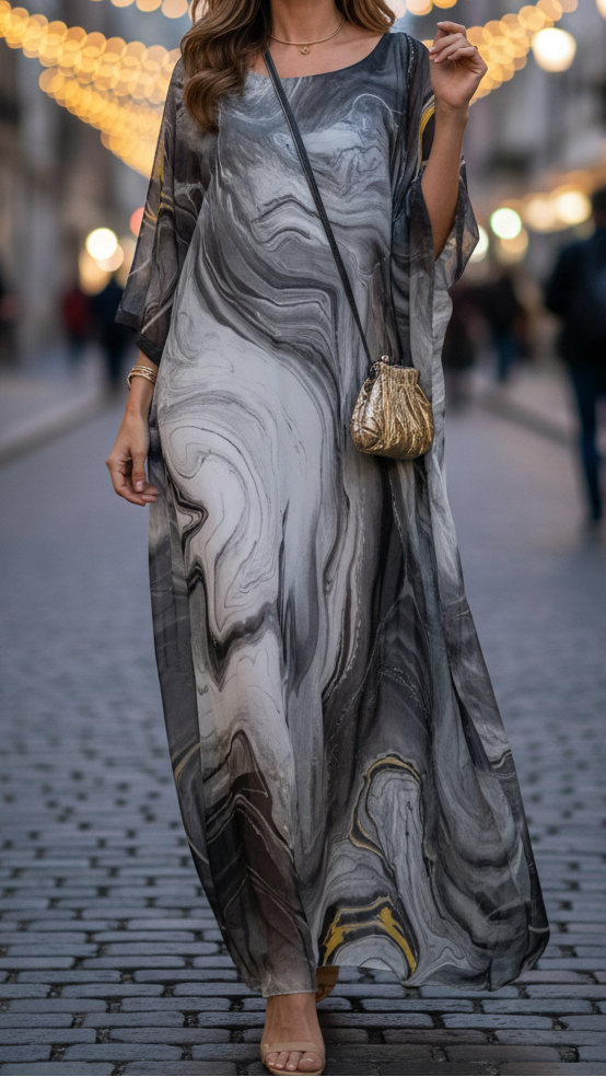Women's Maxi Dress | Kaftan Style & Flowing Marble Print