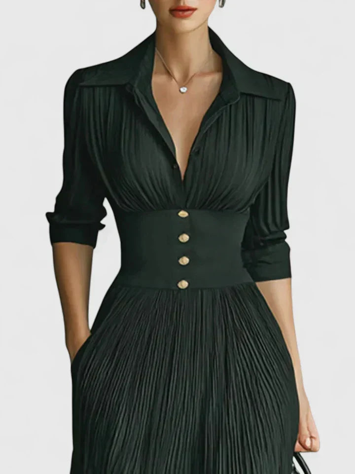 Women's Maxi Dress | Pleated Collar Button Waist
