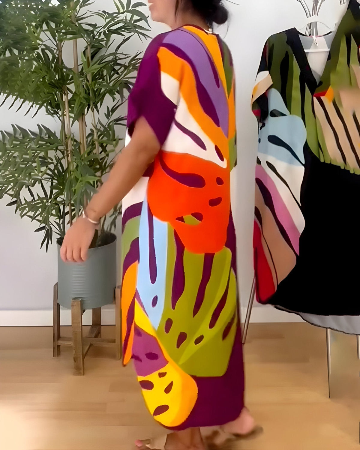 Women's Midi Dress | Bold Abstract Print with Collared V-Neckline and Batwing Sleeves
