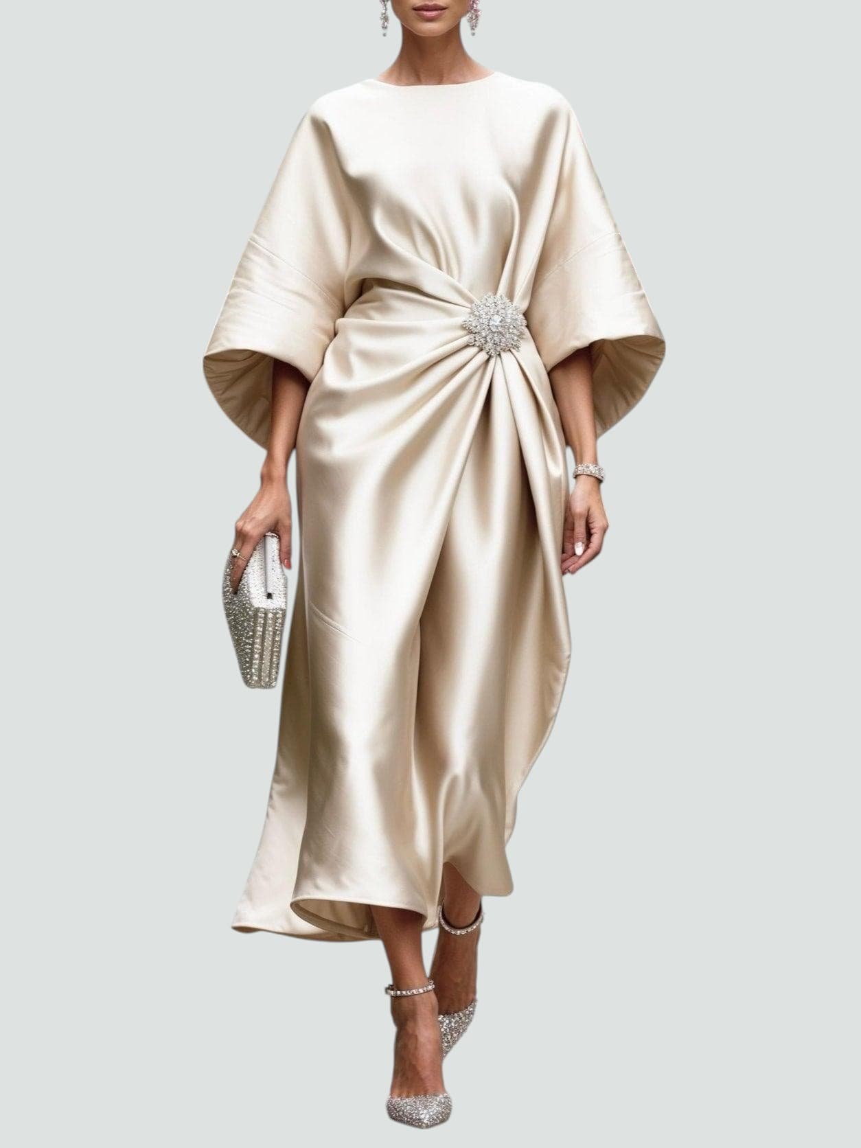 Women's Midi Dress | Draped Kimono Sleeves & Jewelled Brooch Waist