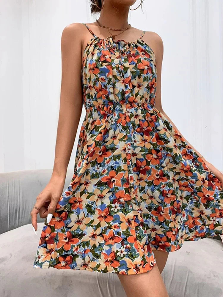 Women's Midi Dress | Floral Print Strappy Style with Gathered Tie Neckline