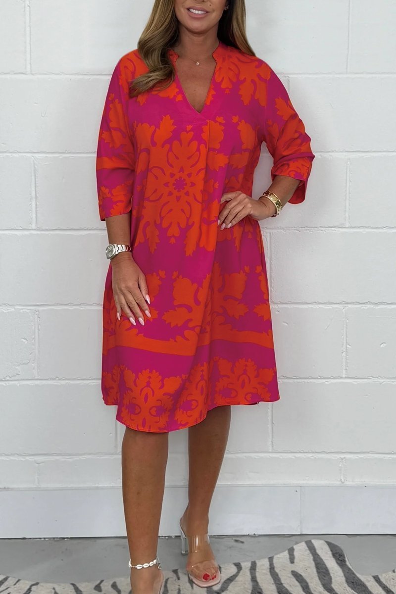 Women's Midi Dress | Relaxed A-Line Style with Split V-Neck and Three-Quarter Sleeves