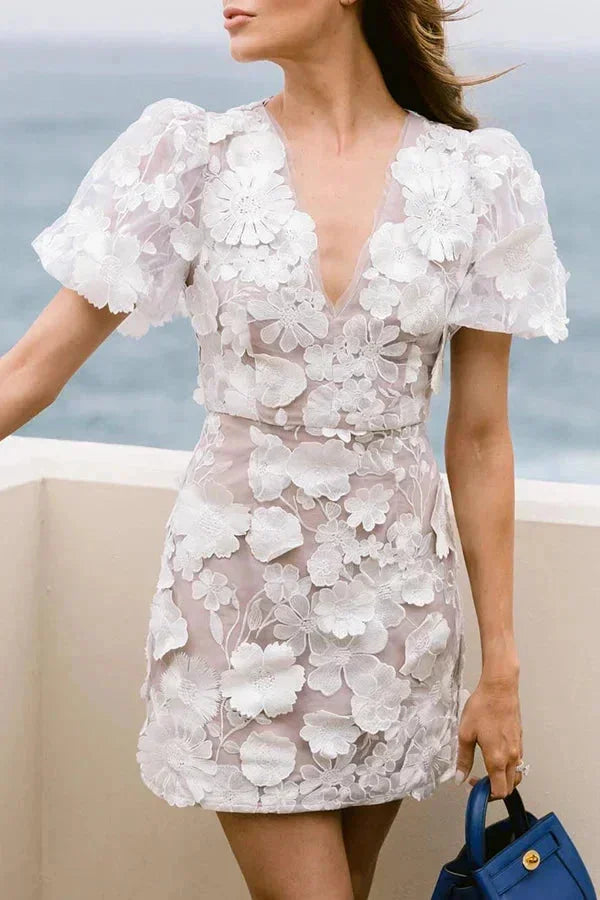 Women's Mini Dress | 3D Floral Appliqué, Puff Sleeves & V-Neckline