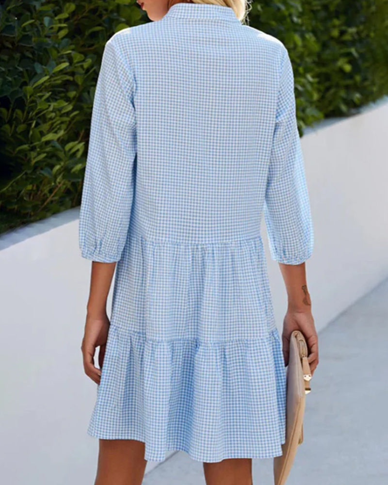 Women's Mini Dress | Gingham Check Tiered Style with Stand Collar and Button Front