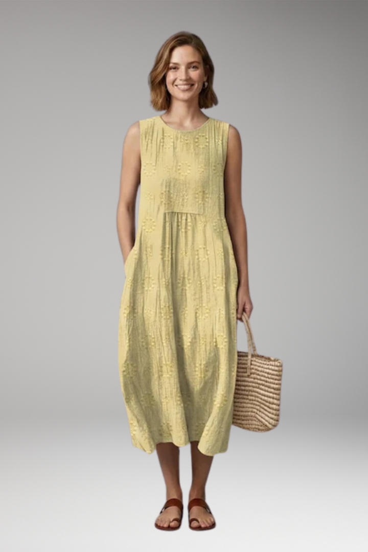 Women's Summer Midi Dress | Floral Embroidery Round Neck & Pockets
