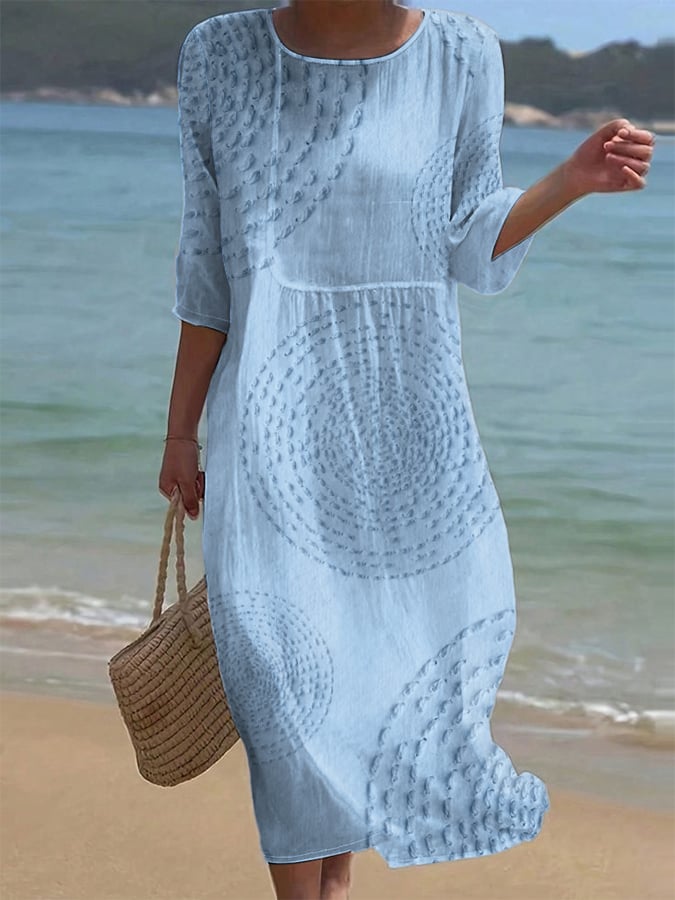 Women's Summer Midi Dress | Round Neck & Three-Quarter Sleeve