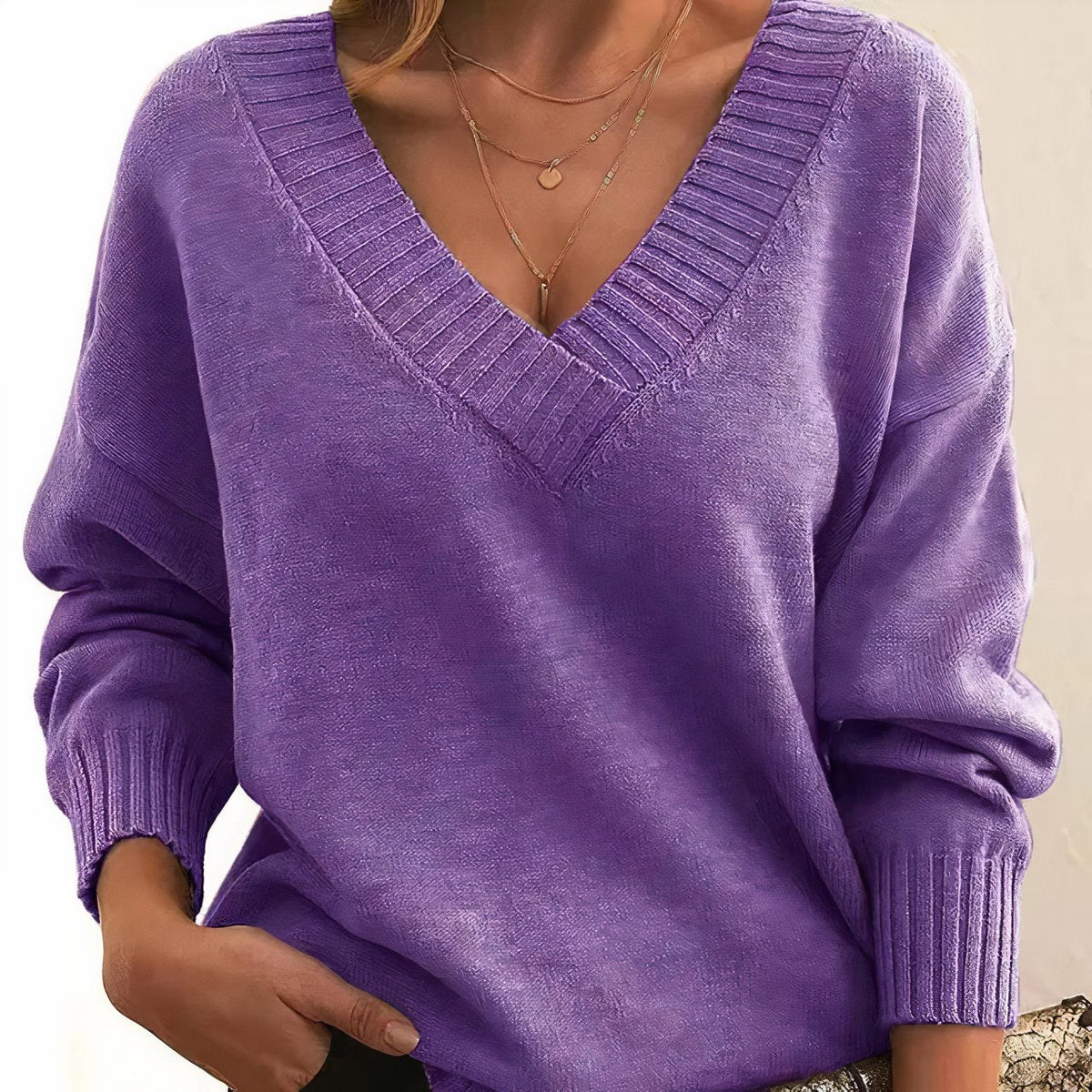 Women's Sweater | Gathered Deep V Neckline, Ribbed Cuffs