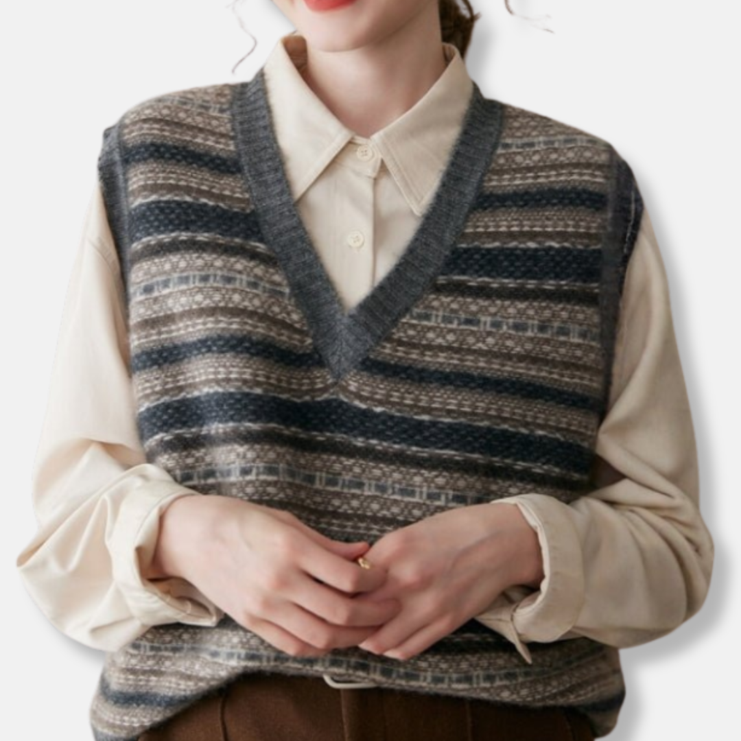 Women's Vest | Patterned Bands, Ribbed V-Neck Trim