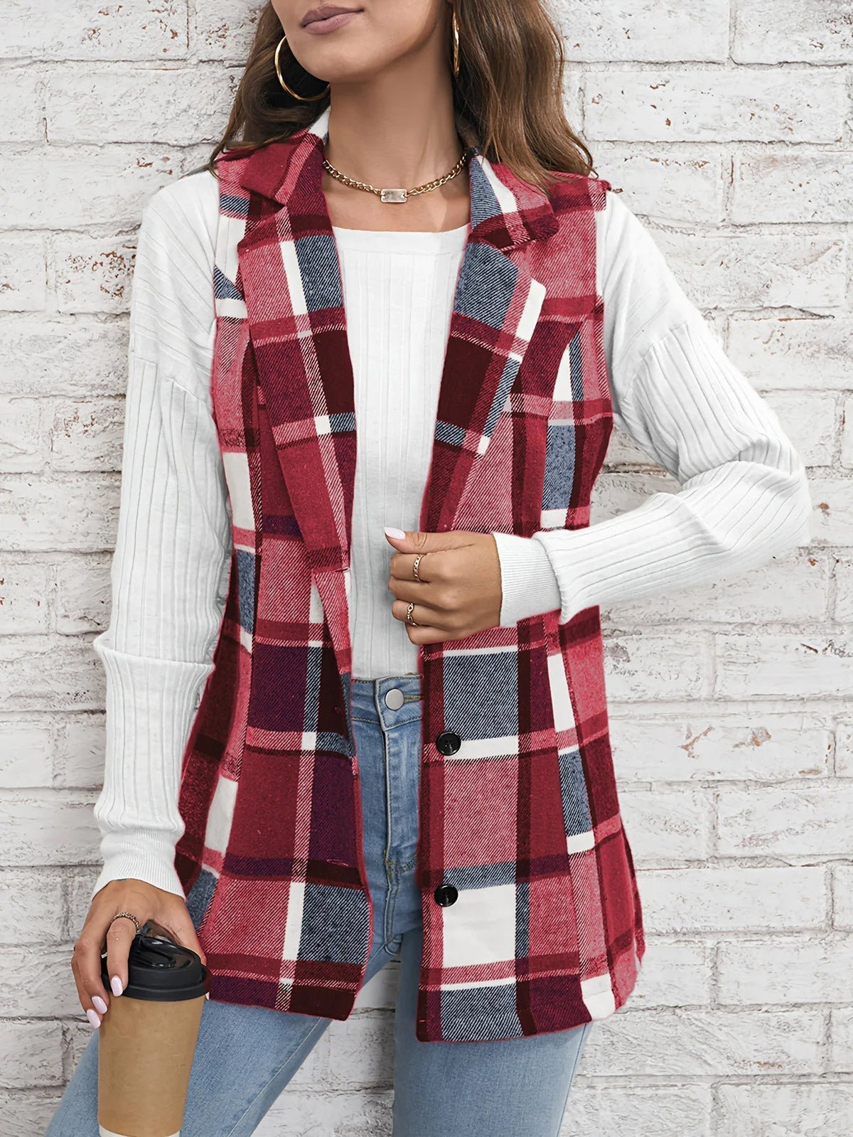 Women's Waistcoat | Notch Lapel, Check Pattern, Longline