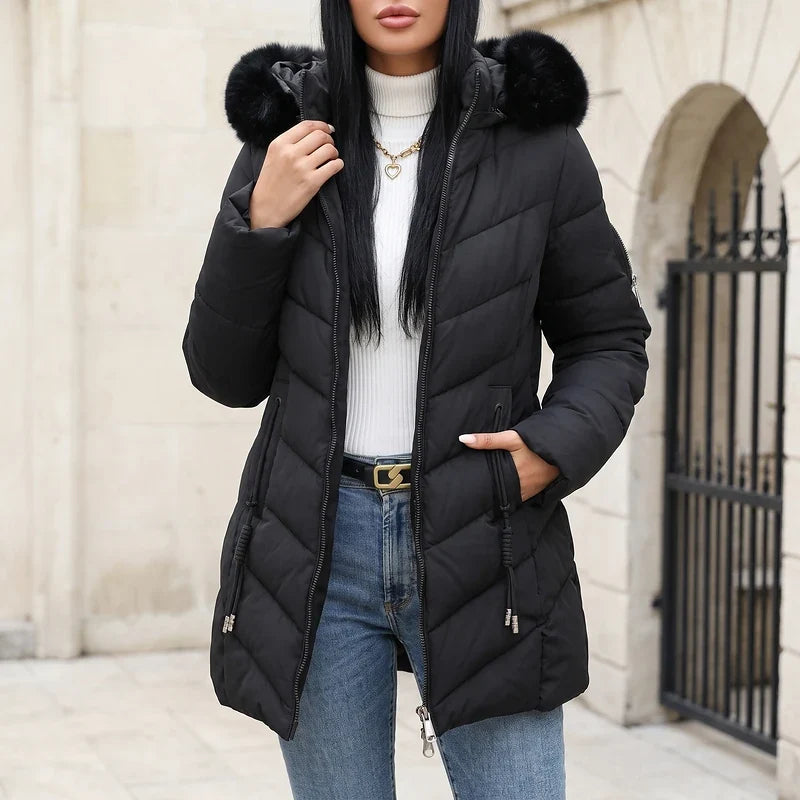 Adelaide Women's Faux Fur Hood Puffer Jacket - Black