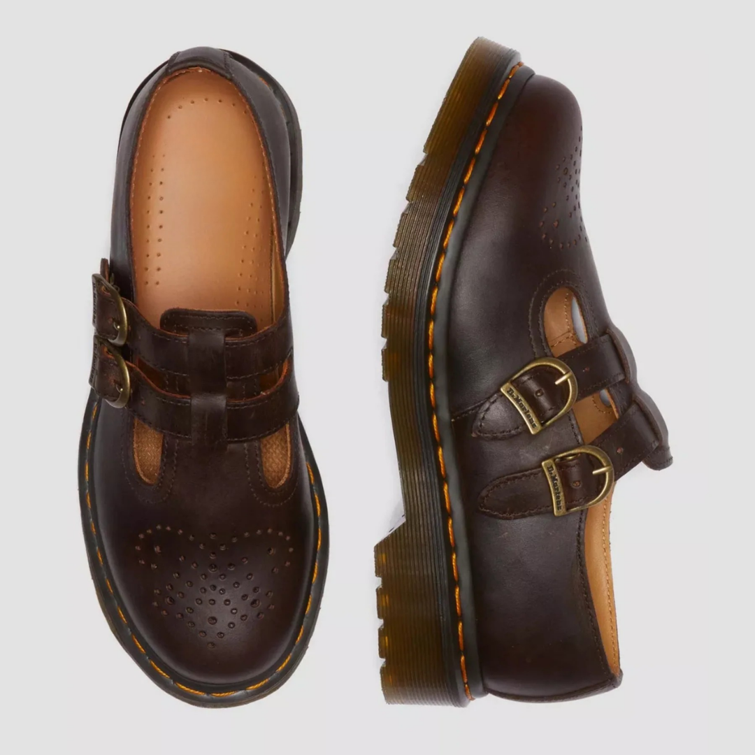 Black double buckle leather mary jane shoes with chunky sole