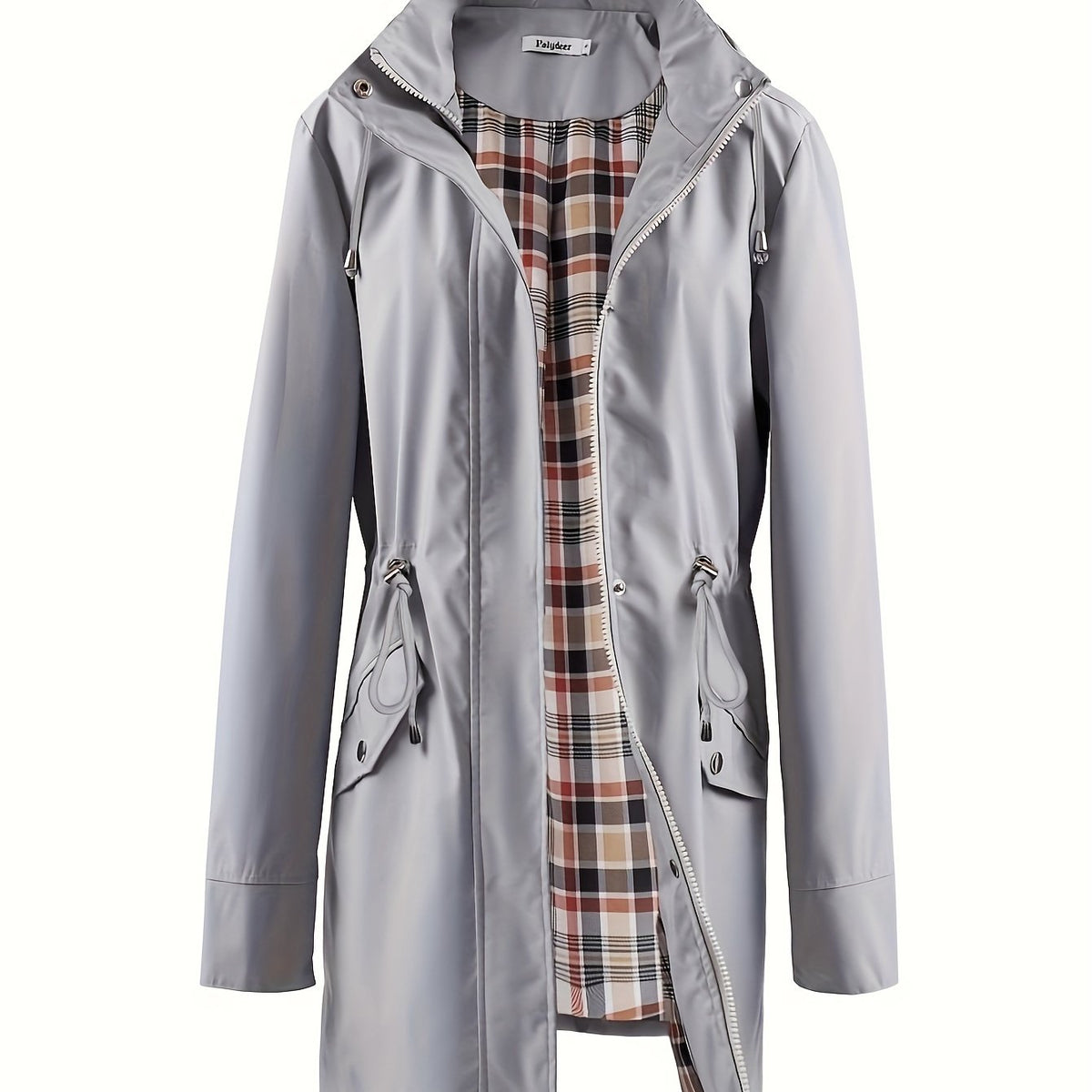 Grey hooded anorak parka with drawstring waist and zip front
