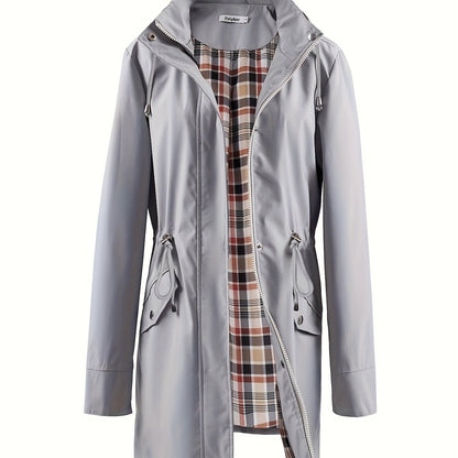 Grey hooded anorak parka with drawstring waist and zip front