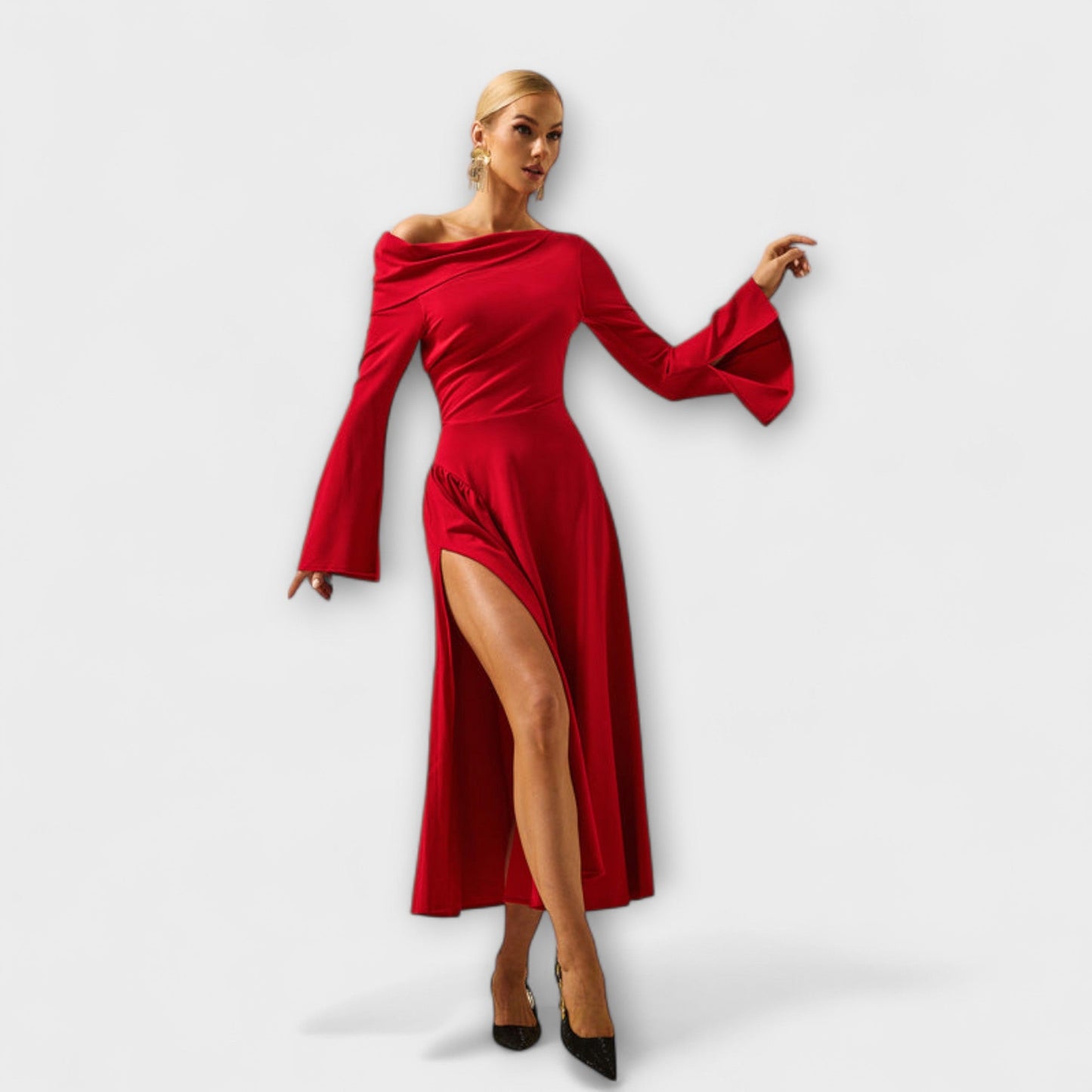 Chic Off-Shoulder Midi Dress with Balloon Sleeves for Any Occasion