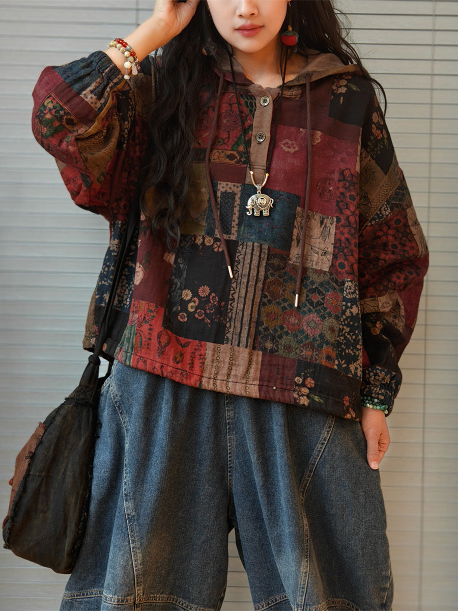 Women's Plus Size Hooded Sweatshirt | Patchwork Design & Raglan Sleeves 1