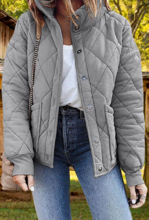 Women’s Diamond-Quilted Padded Jacket – Warm Button-Front Layer for Cooler Seasons