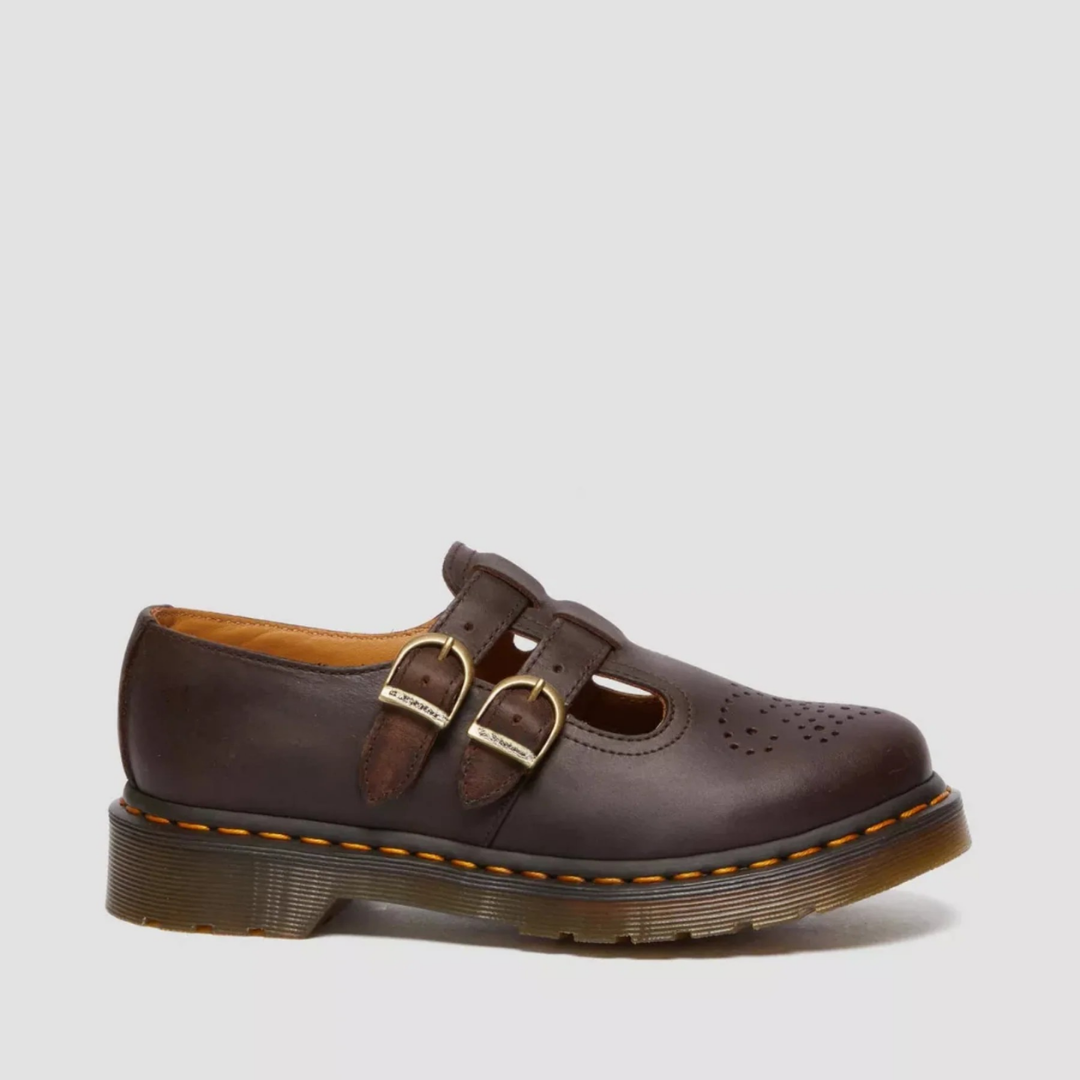Brown double buckle leather mary jane shoes with chunky sole