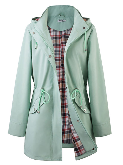 Hooded anorak parka with drawstring waist and zip front