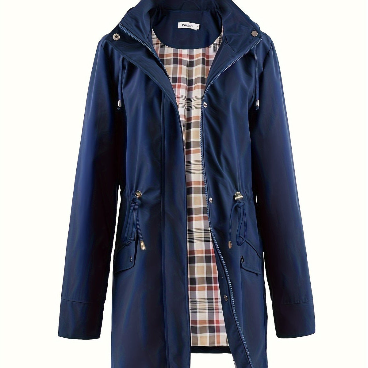 Navy hooded anorak parka with drawstring waist and zip front