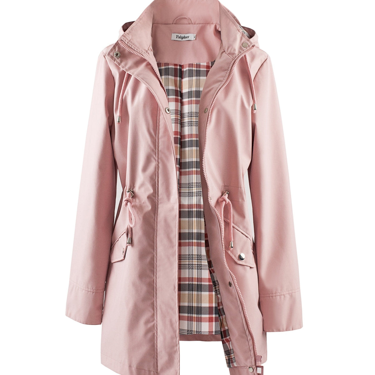 Pink hooded anorak parka with drawstring waist and zip front