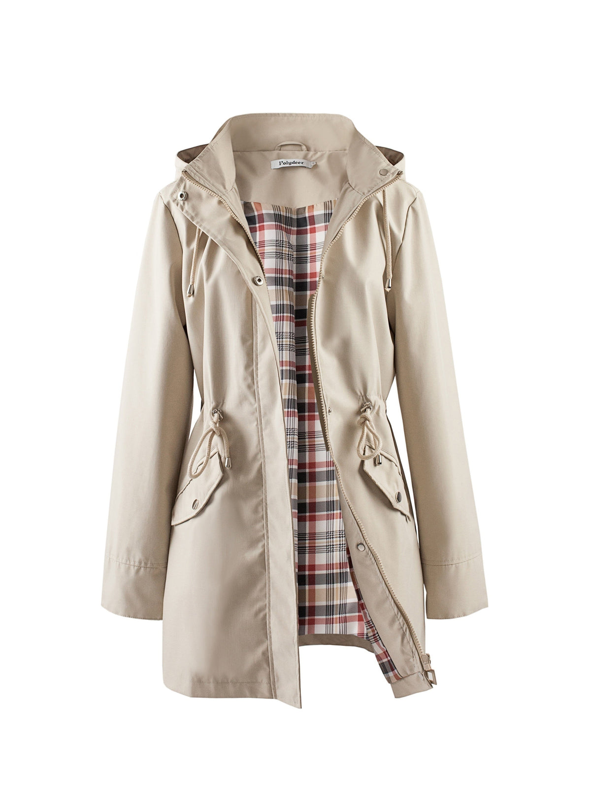 Hooded anorak parka with drawstring waist and zip front