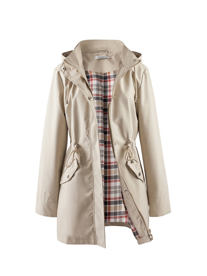 Hooded anorak parka with drawstring waist and zip front