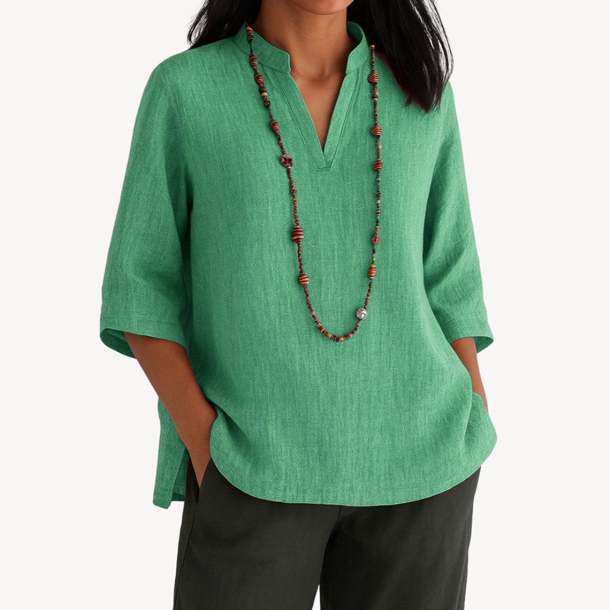 Amelia | Women's Linen V-Neck Three-Quarter Sleeve Tunic Blouse 2