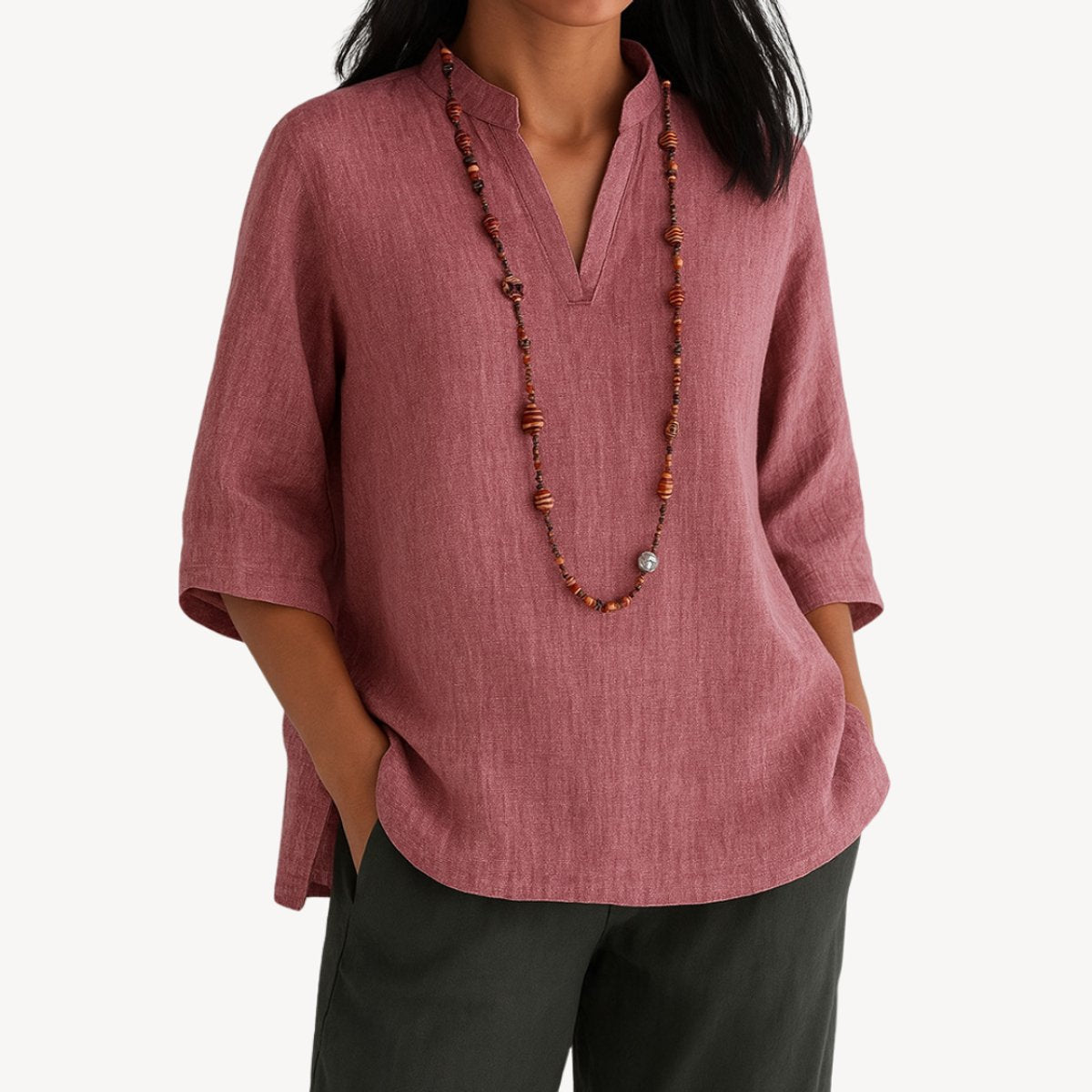 Amelia | Women's Linen V-Neck Three-Quarter Sleeve Tunic Blouse 3