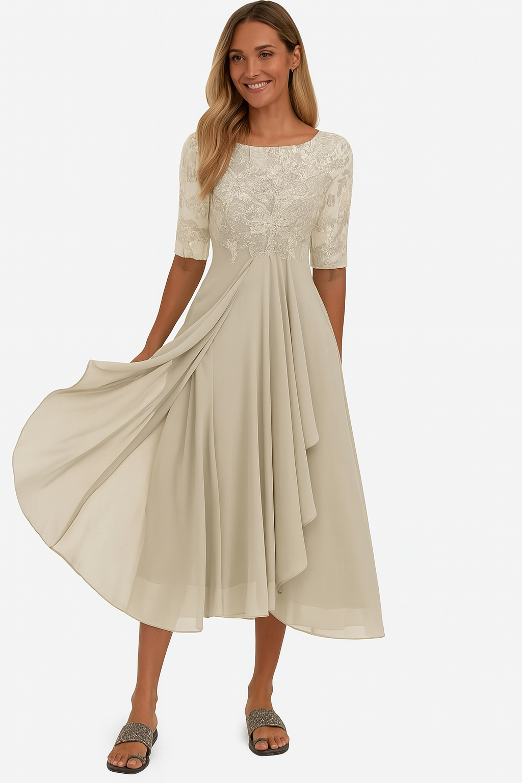 Women's A Line Midi Dress | Lace Bodice & Flowing Chiffon Skirt