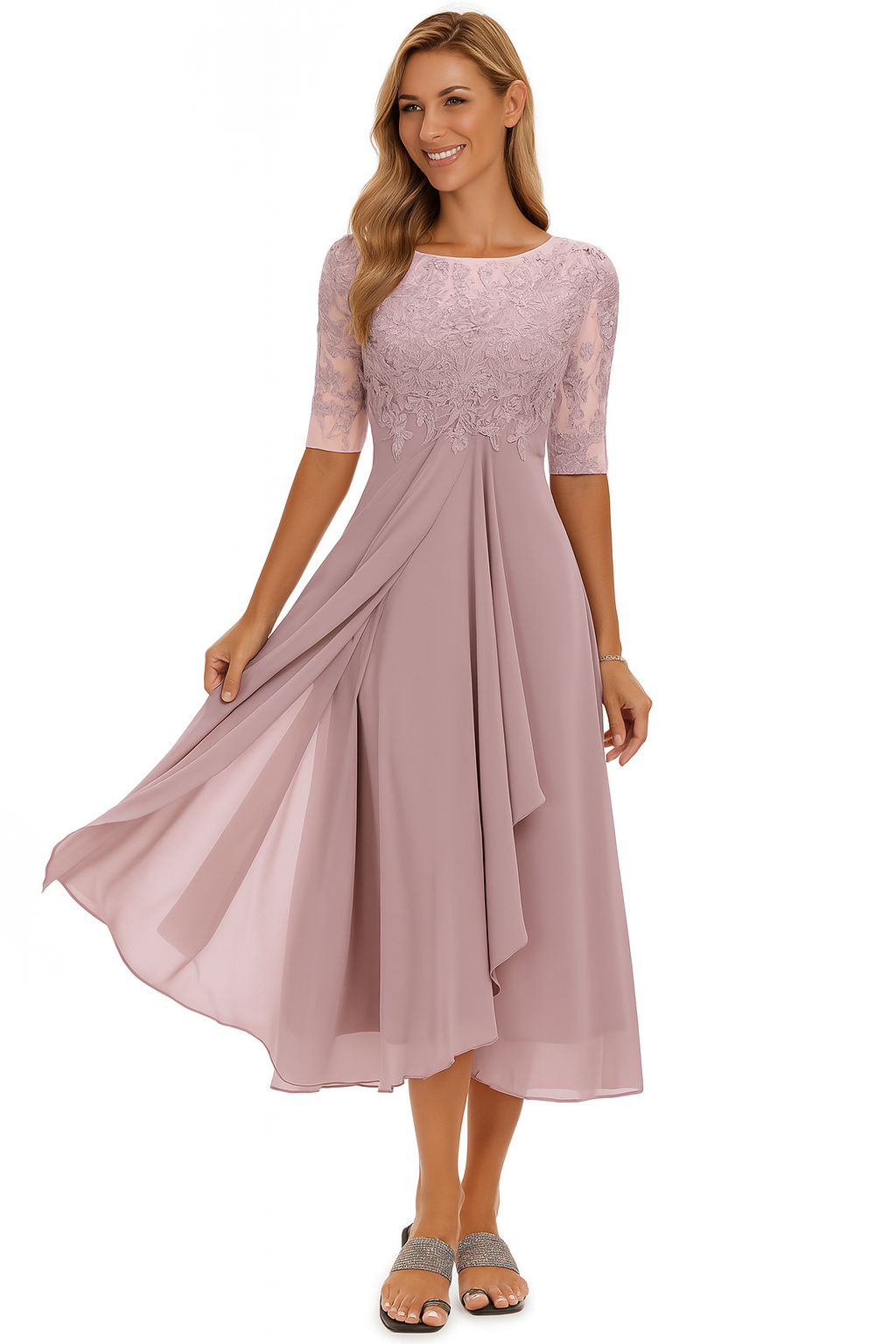 Women's A Line Midi Dress | Lace Bodice & Flowing Chiffon Skirt