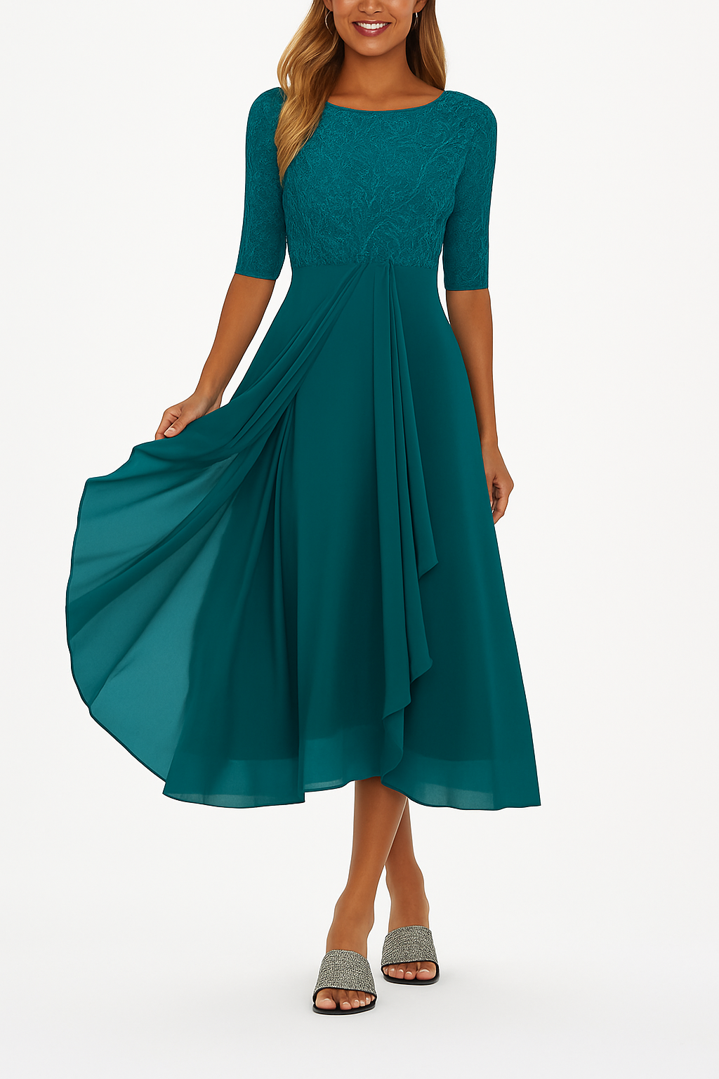 Women's A Line Midi Dress | Lace Bodice & Flowing Chiffon Skirt