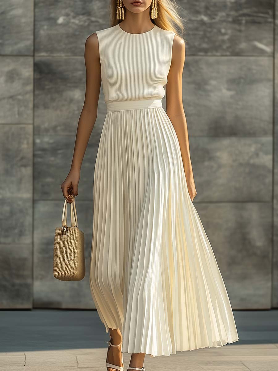 Ava | Women's Sleeveless Ribbed Knit Pleated Chiffon Maxi Dress 0