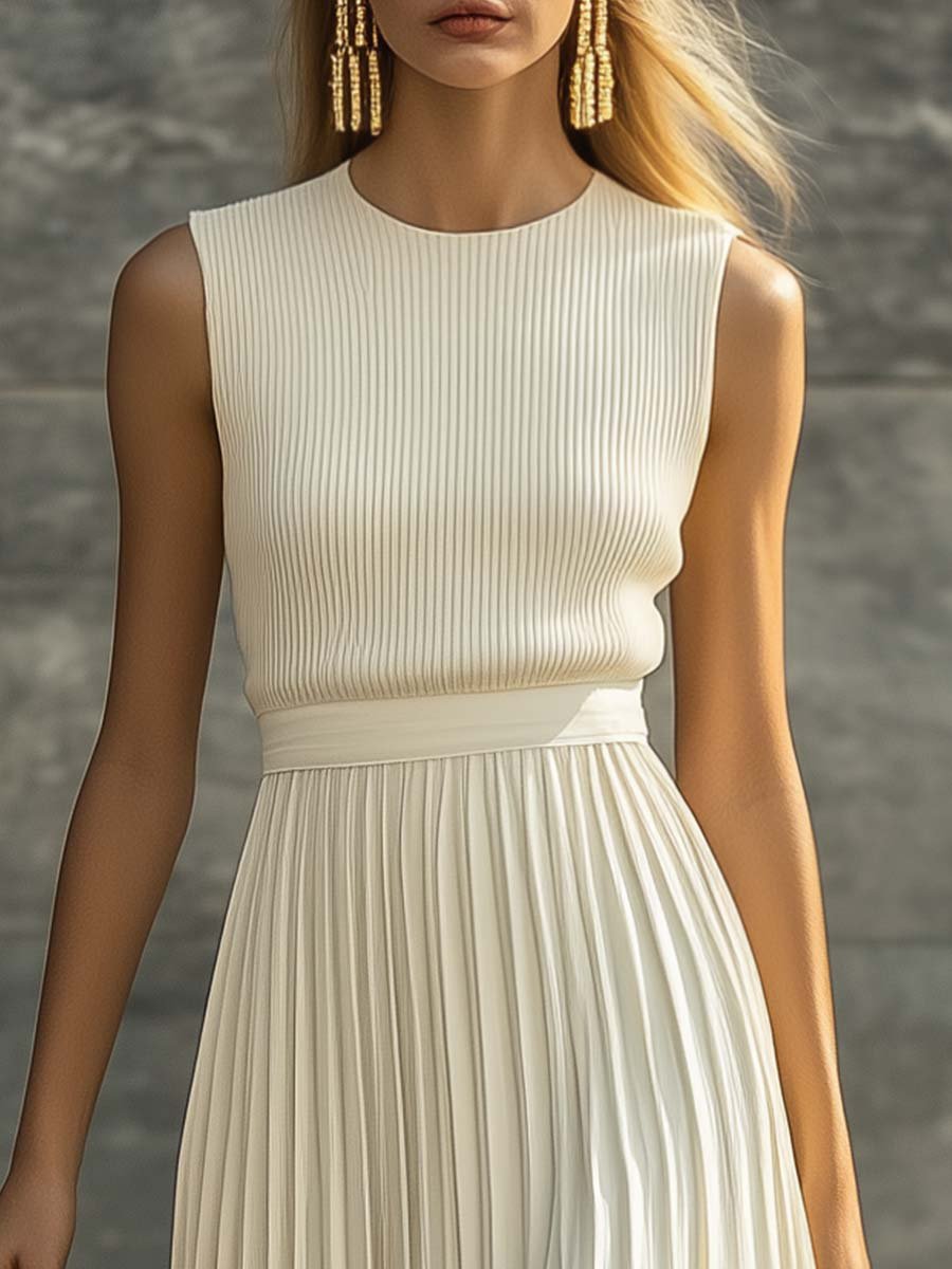 Ava | Women's Sleeveless Ribbed Knit Pleated Chiffon Maxi Dress 2